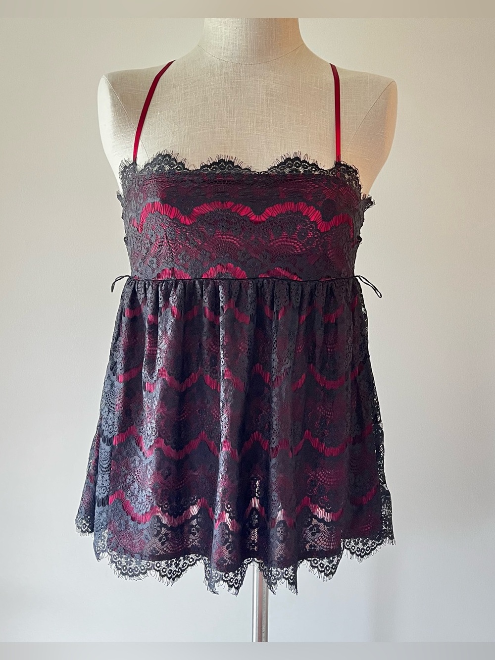 Y2K Black Lace Overlay Cami with Deep Red Burgundy Underlay
